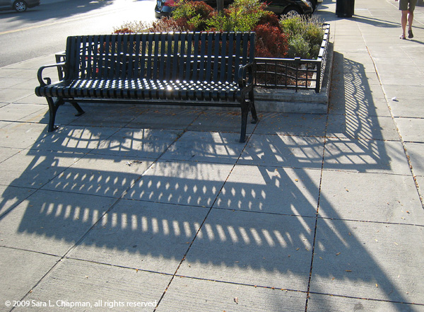 Burien iron bench with sidewalk shadows