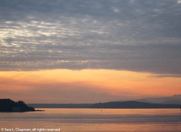 seattle, scenic water view, sunset, orange, clouds, water, reflections