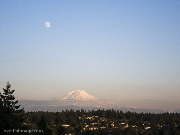 mount rainier, mt rainier, mt. rainier, mt. ranier, full moon, scenic, vista, sunset, smog
